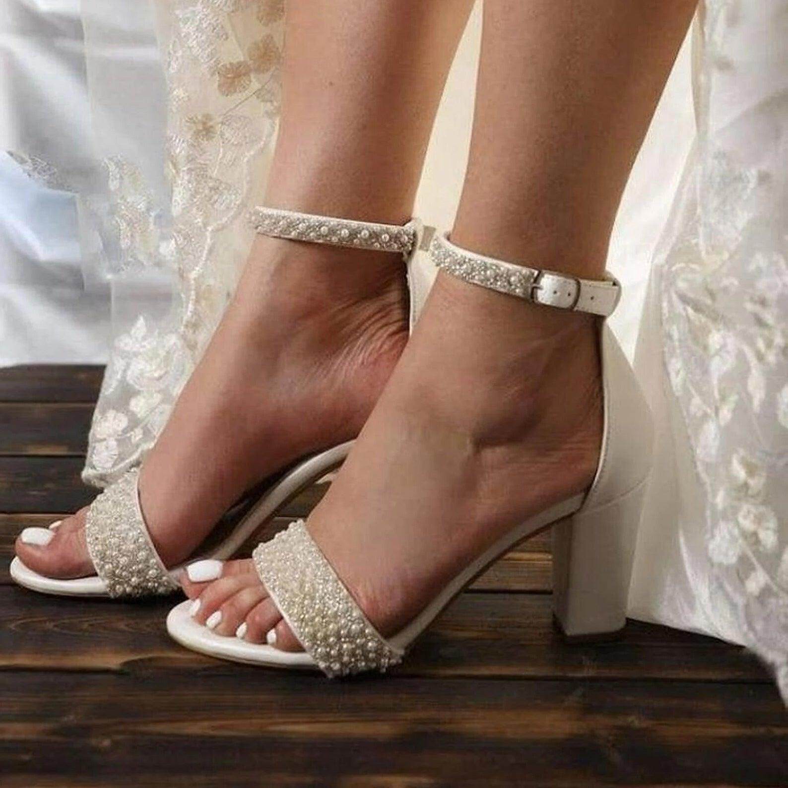 White Pearl Ankle Strap Round Block Heel Sandals 708036540906 - COCOMELODY